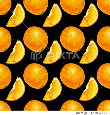 Seamless hand-drawn pattern with oranges. Watercolor illustration on a dark background. Botanical seamless background with bright fruits, whole and pieces, for packaging, wallpaper, textiles Seamless hand-drawn pattern with oranges. Watercolor illustration on a dark background. Botanical seamless background with bright fruits, whole and pieces, for packaging, wallpaper, textiles 131037875