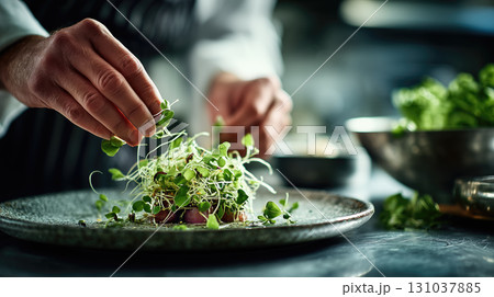 Chef garnishing dish with microgreens in kitchen Chef garnishing dish with microgreens in kitchen 131037885