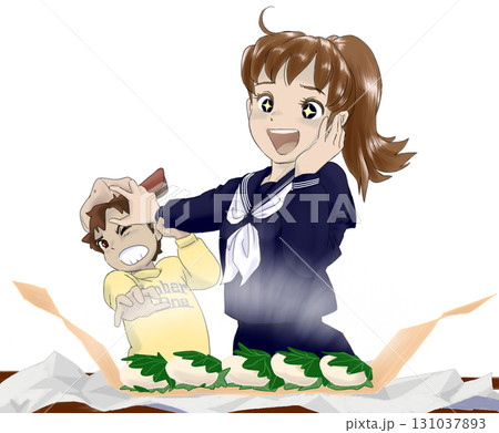 かしわ餅を奪い合う姉弟 131037893