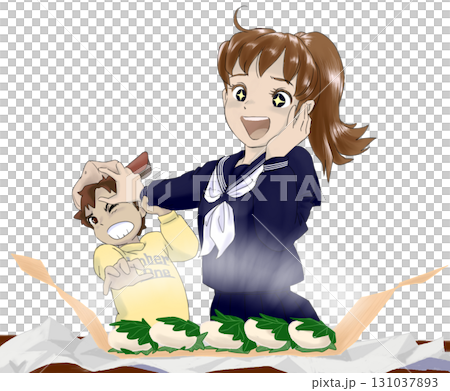 かしわ餅を奪い合う姉弟 131037893