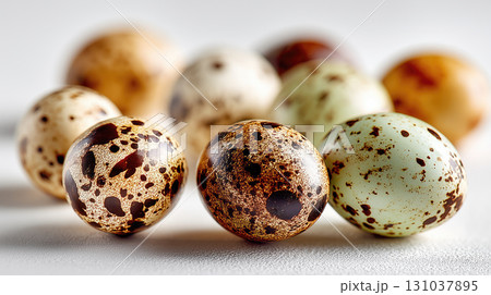 Speckled quail eggs arranged on white surface 131037895