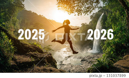 Silhouette of person jumping from 2025 to 2026 131037899