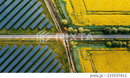Aerial view of solar farm next to yellow crop field 131037911