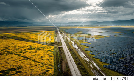Aerial view of solar farm and yellow field under cloudy sky 131037912