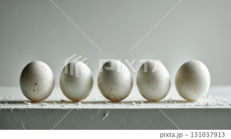 Five large goose eggs aligned on white surface Five large goose eggs aligned on white surface 131037913