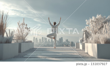 Man practicing yoga on rooftop terrace with city view 131037927