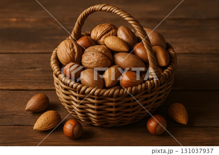 Wicker basket filled with assorted nuts in shells walnuts, hazelnuts, almonds 131037937