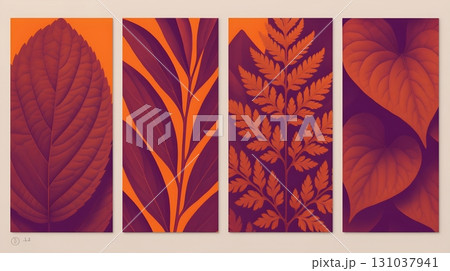Set of four vertical botanical panels with stylized leaves in orange and deep purple 131037941