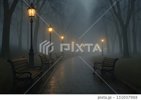 Foggy park path with glowing lampposts and empty benches, bare trees fading in mist at dusk 131037988