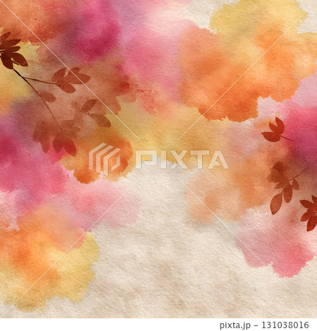 Soft watercolor background with warm autumn tones in pink, orange and gold washes 131038016
