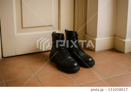 Black leather lace-ups by a closed door, set against terracotta tiles. 131038017