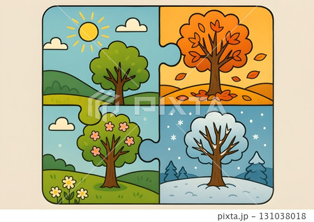 Four seasons shown as interlocking puzzle panels: spring blossoms, summer sun 131038018