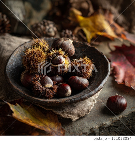 秋の味覚栗の実と落ち葉 131038054