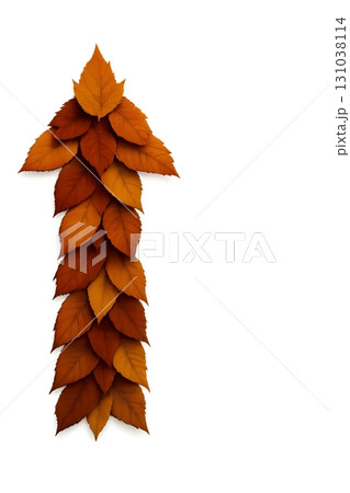 Upward arrow made from layered orange autumn leaves on a white background Upward arrow made from layered orange autumn leaves on a white background 131038114