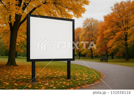 Blank billboard with black frame in an autumn park, empty white screen for mockup 131038118