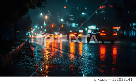 Night city scene with vibrant bokeh lights reflecting on a wet street surface. Night city scene with vibrant bokeh lights reflecting on a wet street surface. 131038141