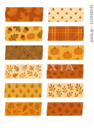 A collection of autumn-themed patterns featuring leaves, acorns, pumpkins, and polka dots. 131038145