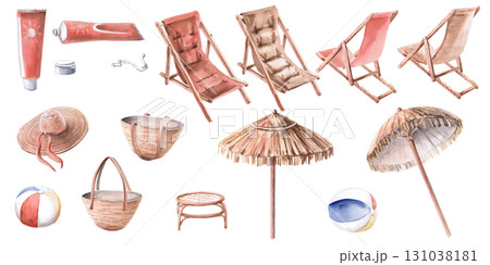A set of beach party-themed elements. Isolated watercolor illustrations of beach chairs, umbrellas, and bags are perfect for travel brochures, seasonal restaurant menus, and invitations 131038181