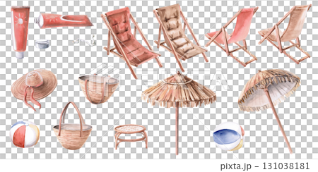 A set of beach party-themed elements. Isolated watercolor illustrations of beach chairs, umbrellas, and bags are perfect for travel brochures, seasonal restaurant menus, and invitations A set of beach party-themed elements. Isolated watercolor illustrations of beach chairs, umbrellas, and bags are perfect for travel brochures, seasonal restaurant menus, and invitations 131038181
