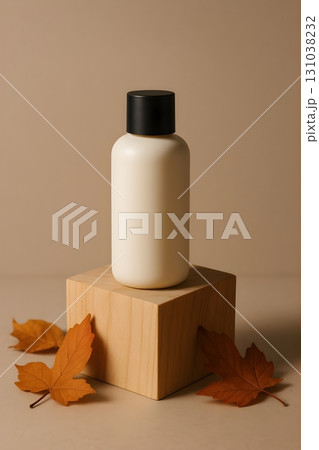 Minimalistic photo of a cream bottle with a black cap, placed on a wooden block. Minimalistic photo of a cream bottle with a black cap, placed on a wooden block. 131038232