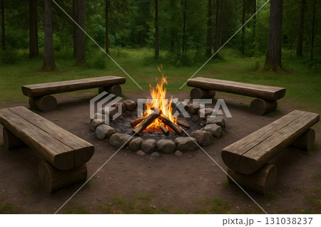 A campfire in a forest setting with wooden benches arranged in a circle. 131038237