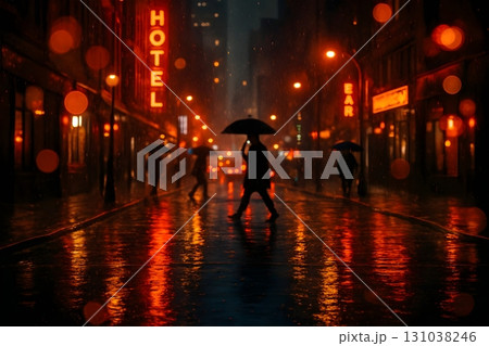 Silhouettes of people walking down a rainy city street at night with umbrellas. 131038246