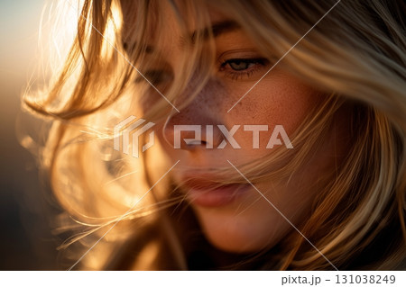 Sunlight illuminating golden strands of hair in a soft, artistic blur, creating a warm 131038249