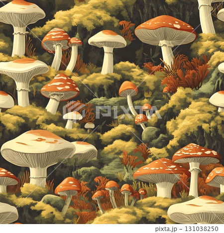 Illustration of a forest floor covered in various mushrooms, including vibrant red-topped fly agarics. 131038250