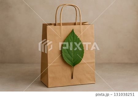 Eco-friendly paper bag with a green leaf attached, symbolizing sustainability and natural products. 131038251
