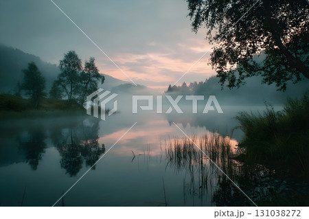 Misty lake at dawn with serene reflections of trees and a soft pastel sky. 131038272