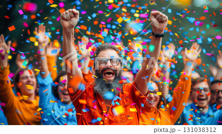 Celebratory crowd with colorful confetti, joyful expressions, and raised hands in a festive atmosphere 131038312