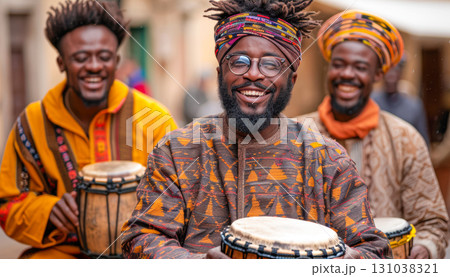Joyful African men playing traditional drums in colorful attire, celebrating culture and music 131038321