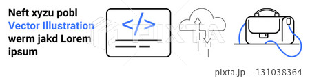 Coding symbol, cloud with arrows, and a briefcase. Ideal for tech services, cloud computing, programming tutorials, business websites, educational content, tech blogs, and startup promotions. Landing 131038364