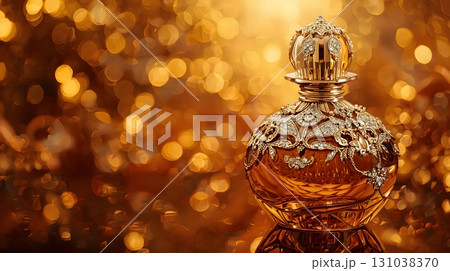perfume bottle painted in intricate detail against a backdrop of shimmering amber. The bottle shines with golden accents, its curves reflecting the light in a captivating display of luxury. 131038370