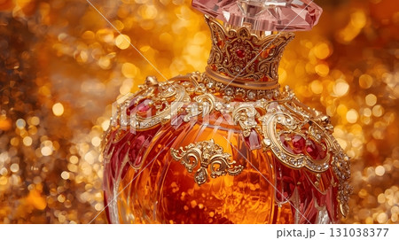 perfume bottle painted in intricate detail against a backdrop of shimmering amber. The bottle shines with golden accents, its curves reflecting the light in a captivating display of luxury. 131038377