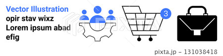 Teamwork symbol on a gear, shopping cart with notification, and leather briefcase. Ideal for online shopping, team collaboration, digital business, project management, e-commerce platforms, retail 131038418