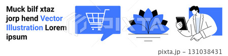 Shopping cart symbol, flower graphic, person using a phone or tablet. Ideal for online shopping, digital interaction, e-commerce, technology, mobile apps, customer service, user interface. Landing 131038431