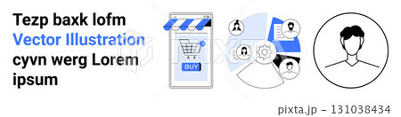 Mobile shopping app with a cart icon, gear and pie chart with icons, and user profile. Ideal for e-commerce, business analysis, project management, tech apps, user interfaces, marketing materials 131038434