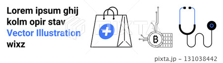 Shopping bag with a cross, Bitcoin chip with circuits, and advanced stethoscope. Ideal for healthcare, medical, cryptocurrency, technology, e-commerce, blockchain, digital finance. Landing page Shopping bag with a cross, Bitcoin chip with circuits, and advanced stethoscope. Ideal for healthcare, medical, cryptocurrency, technology, e-commerce, blockchain, digital finance. Landing page 131038442