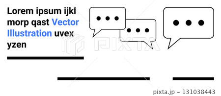 Three speech bubbles with ellipses, placeholder text in black and blue, and horizontal lines. Ideal for communication, messaging apps, UX design, education, presentations, social media, and landing 131038443