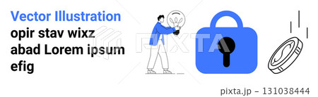 Man holding a lightbulb, blue padlock symbolizing security, falling coin representing finance. Ideal for financial security, innovation, technology, online protection, business solutions, fintech 131038444