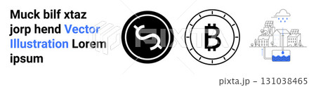 Symbols of digital currency, finance, recycling, and cityscape with sustainability. Ideal for fintech, cryptocurrency, environment, technology, economics, sustainability, and eco-friendly concepts 131038465
