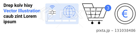Blue credit card with world globe, shopping cart with three notifications, Euro currency coin. Ideal for e-commerce, finance, digital marketing, retail, global trade, online payments, sales. Landing Blue credit card with world globe, shopping cart with three notifications, Euro currency coin. Ideal for e-commerce, finance, digital marketing, retail, global trade, online payments, sales. Landing 131038486