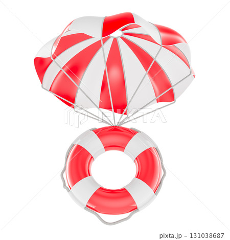 Lifebuoy with parachute. Rescue, safety and emergency support, concept. 3D rendering 131038687