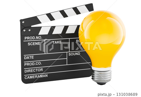 Movie clapperboard with yellow light bulb. Creative filmmaking idea, concept. 3D rendering 131038689