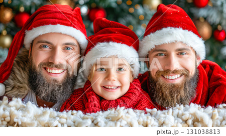 Happy family wearing Santa hats, celebrating Christmas together with festive decorations in background 131038813