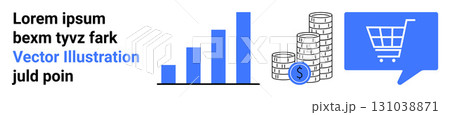 Bar graph in blue, stack of coins with dollar sign, and speech bubble with shopping cart symbol. Ideal for ecommerce, business growth, finance, online shopping, sales, data analysis, marketing Bar graph in blue, stack of coins with dollar sign, and speech bubble with shopping cart symbol. Ideal for ecommerce, business growth, finance, online shopping, sales, data analysis, marketing 131038871