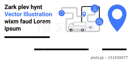 Delivery truck interconnected with map, stopwatch, shop, and warehouse symbols, highlighted with a large blue map pin. Ideal for logistics, delivery services, supply chain, route planning 131038877