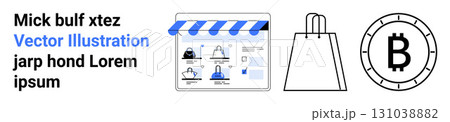 Online storefront with striped awning, shopping bag, and Bitcoin symbol illustrate e-commerce and cryptocurrency themes. Ideal for online shopping, digital payments, fintech, retail technology Online storefront with striped awning, shopping bag, and Bitcoin symbol illustrate e-commerce and cryptocurrency themes. Ideal for online shopping, digital payments, fintech, retail technology 131038882