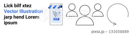 Shopping cart icon, three user profile icons, and circular refresh arrow. Ideal for e-commerce, online shopping, user management, digital marketing, customer service, website design, and application Shopping cart icon, three user profile icons, and circular refresh arrow. Ideal for e-commerce, online shopping, user management, digital marketing, customer service, website design, and application 131038889